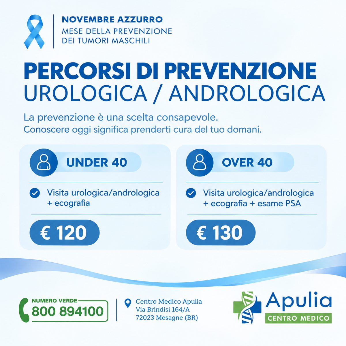 Percorso Under 40: visita urologica/andrologica + ecografia, € 120. Percorso Over 40: visita urologica/andrologica + ecografia + esame PSA, € 130.